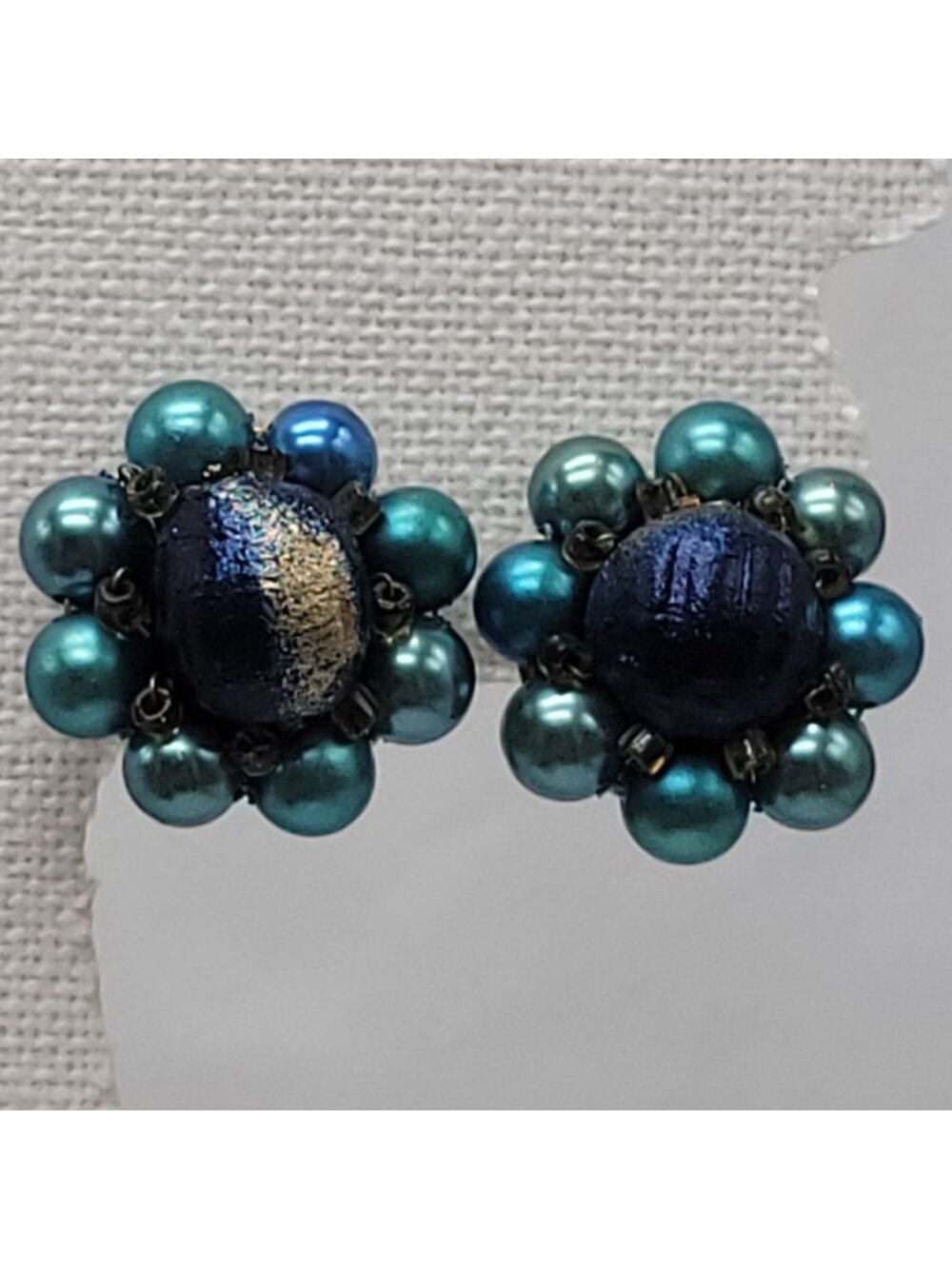 Vtg Japan Blue & Gold Bead Cluster Clip-On Earrings Floral Design 1"